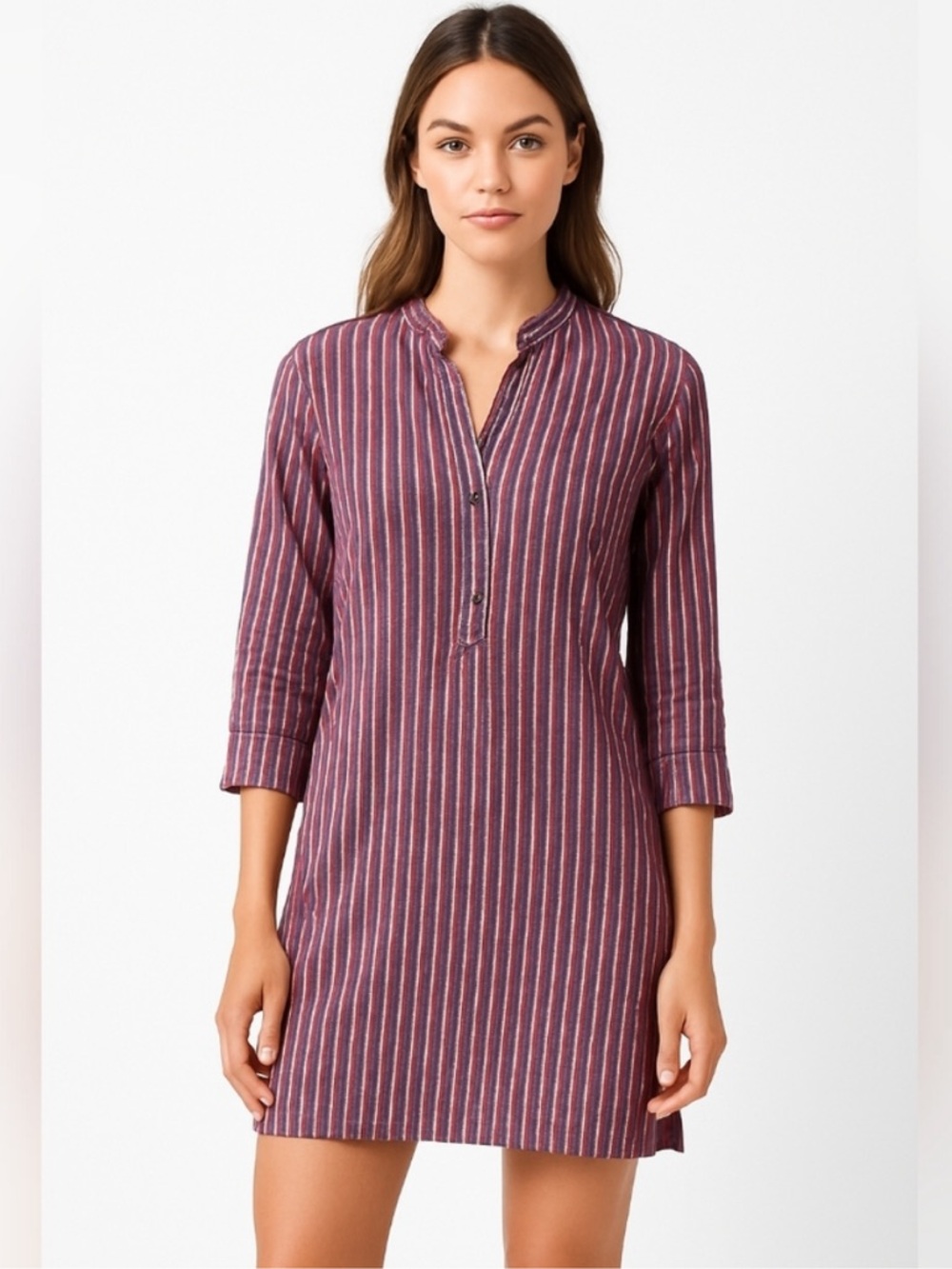 Staud Mini 3/4 Sleeve Shirt Dress Burgundy Blue Stripe 100% Cotton